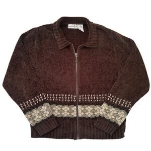 ByDesign Y2K Nordic Pattern Brown Chenille Zip Up Sweater Women’s M Cottagecore